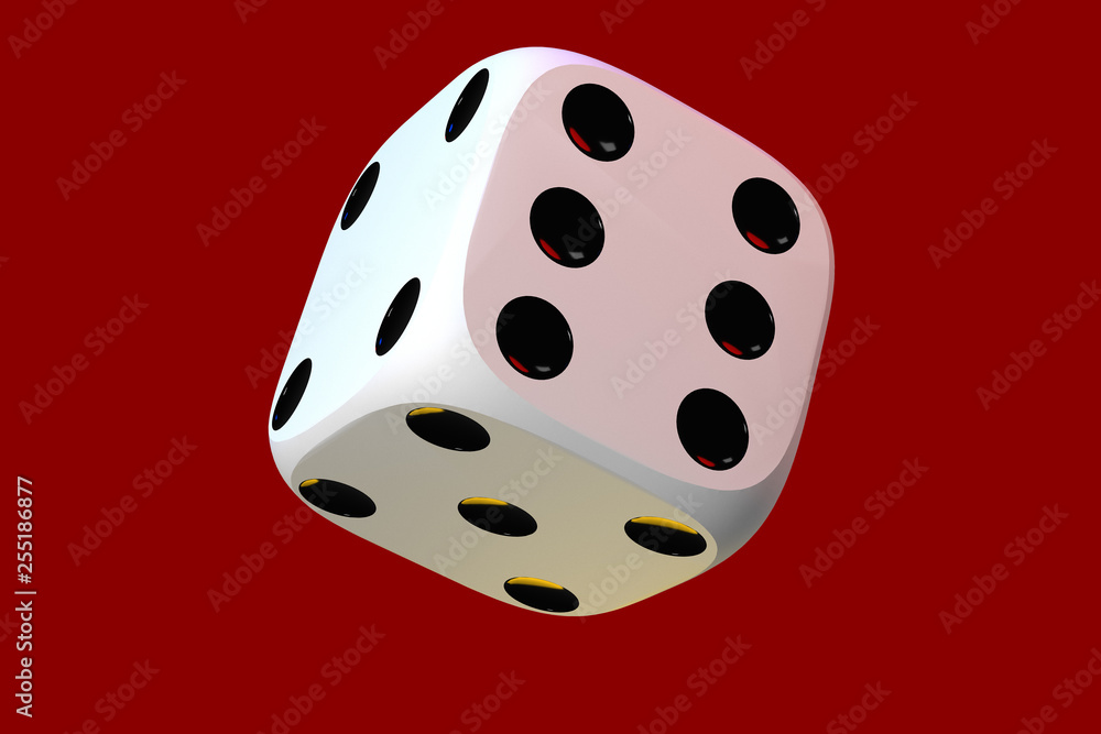 Close up of white playing dice, rotating on dark red background. Close up of white playing dice, rotating on dark red background.