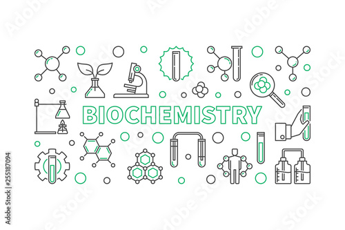 Biochemistry vector concept horizontal outline banner or illustration
