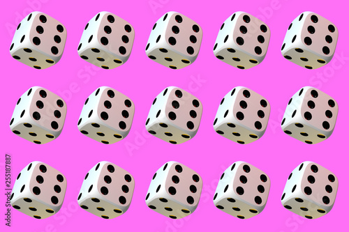 Close up of many playing dice, rotating on light pink background.