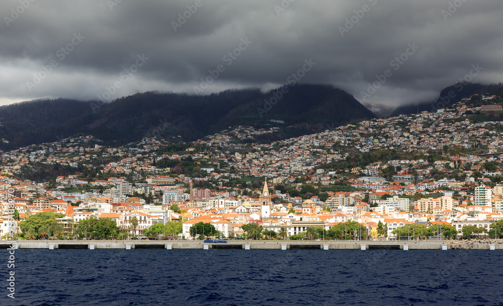 mountain,trip,excursion,cruise,funchal,madeira,city,vacation,overcast,cloudscape,weather,clouds,ominous,atlantic,ocean,sea,water,architecture,coastline,background,beautiful,building,capital,cityscape,