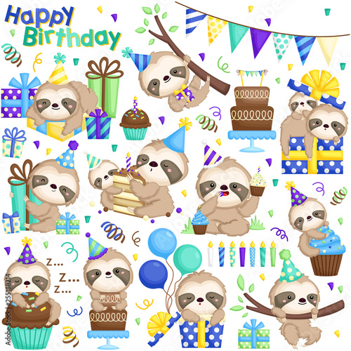 A Vector Set of Cute Sloth Celebrating Birthday with Cakes and Many Gifts