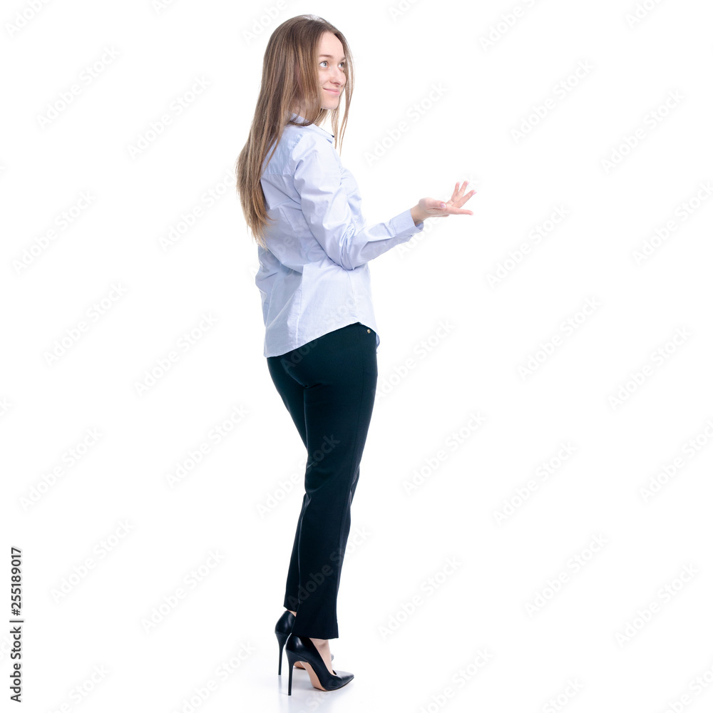 Business woman showing pointing on white background isolation, back view Business woman showing pointing on white background isolation, back view