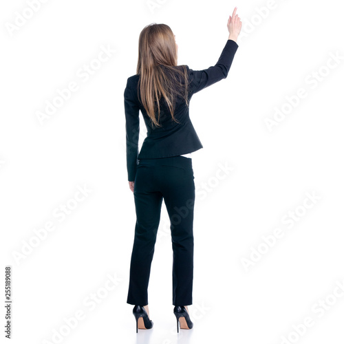 Business woman showing pointing on white background isolation, back view