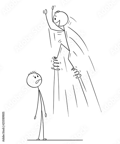 Cartoon stick figure drawing conceptual illustration of man enjoying jumping with springs on foots, another man is surprised and shocked.