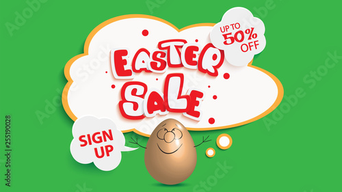 Easter sale web banner with cute Easter Egg next to textual comic speech bubble,vector illustration of online shopping website