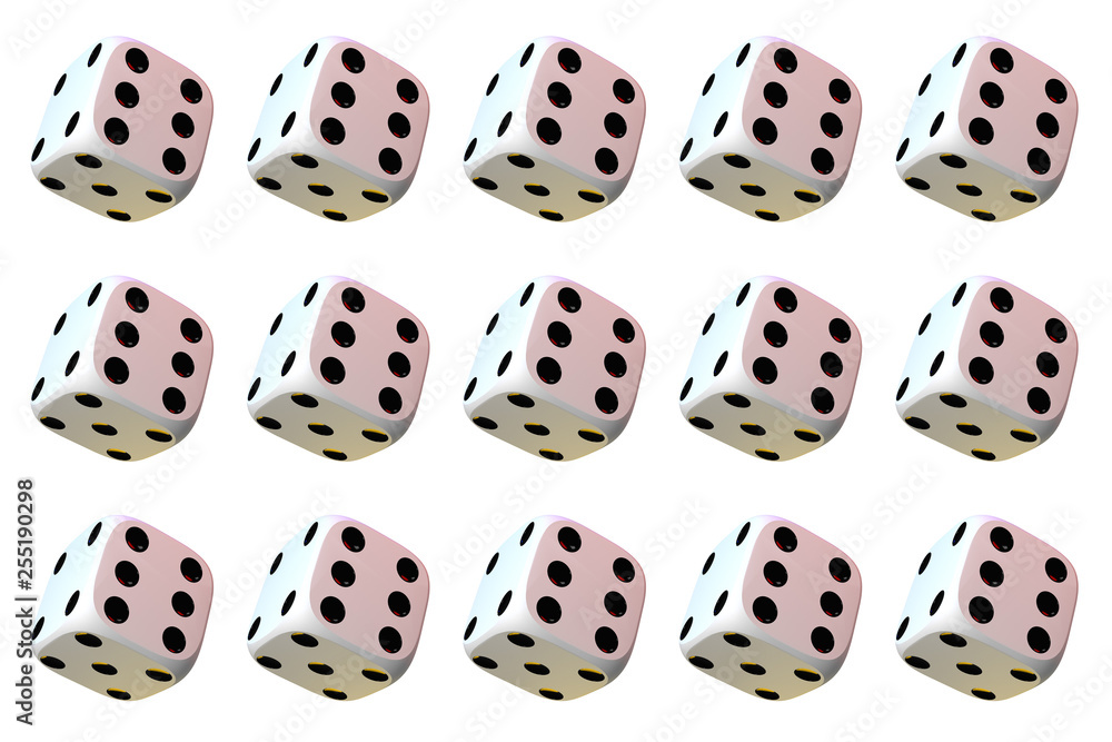 Close up of many playing dice, rotating on white background. Close up of many playing dice, rotating on white background.