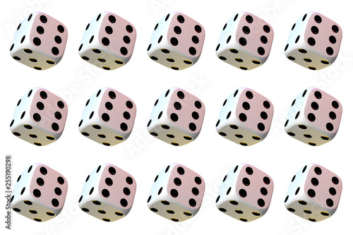 Close up of many playing dice  rotating on white background.