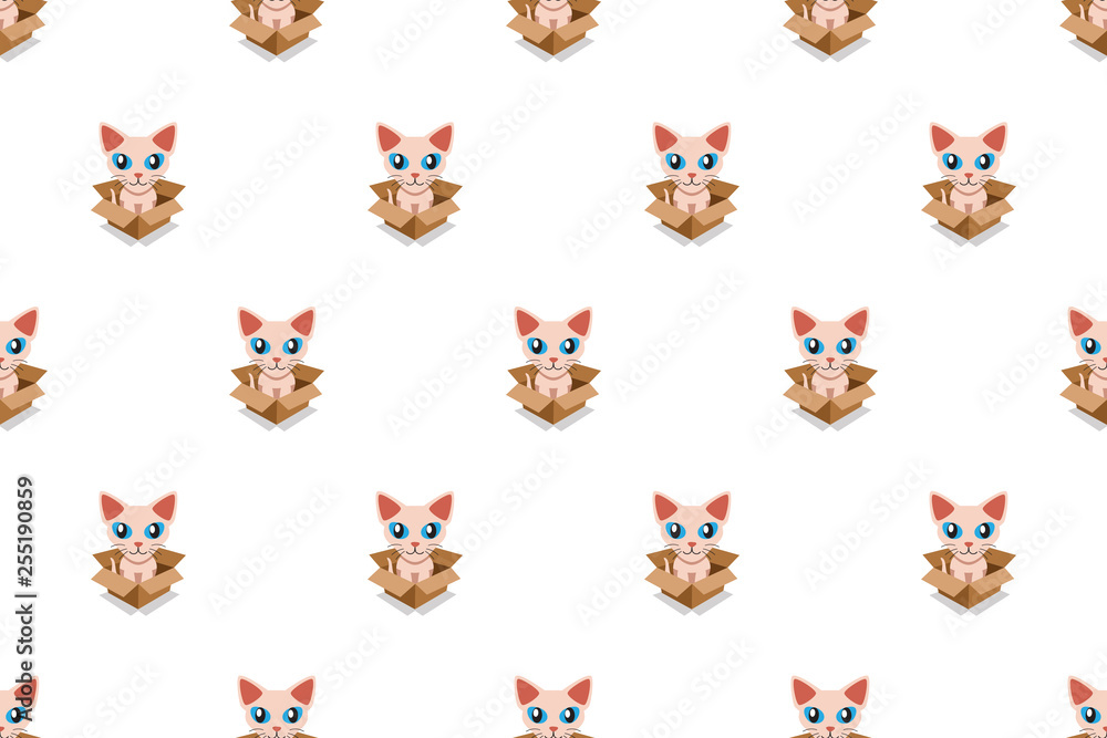 Vector cartoon cute sphynx cat in cardboard box seamless pattern for design. Vector cartoon cute sphynx cat in cardboard box seamless pattern for design.