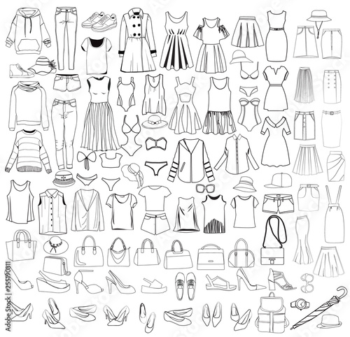 Hand drawn big collection of woman clothes and accessories icons, design elements
