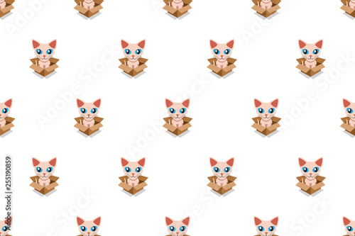 Vector cartoon cute sphynx cat in cardboard box seamless pattern for design.