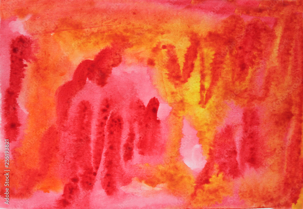 watercolor pink-orange abstract textural background, with brushstrokes, drops and stains.