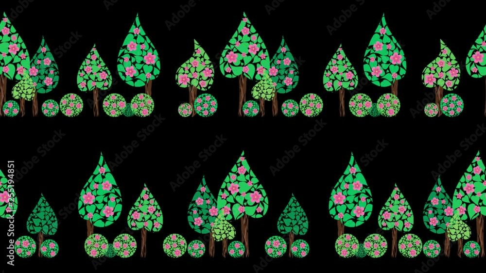 Cartoon trees with lacy crowns and pink blooming flowers moving in two road direction, vacation trip, video illustration, can be looped Cartoon trees with lacy crowns and pink blooming flowers moving in two road direction, vacation trip, video illustration, can be looped