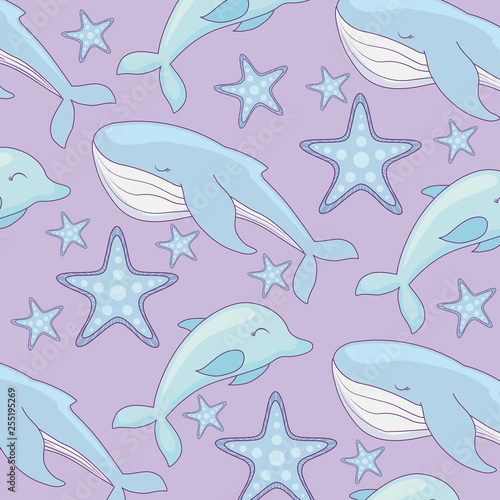 pattern of cute whale with dolphin and starfishes