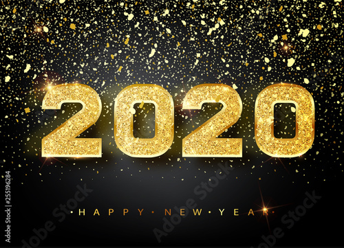 2020 Happy new year. Gold Numbers Design of greeting card. Gold Shining Pattern. Happy New Year Banner with 2020 Numbers on Bright Background. Vector illustration