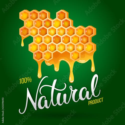 Honeycomb with flowing honey and original hand lettering Natural