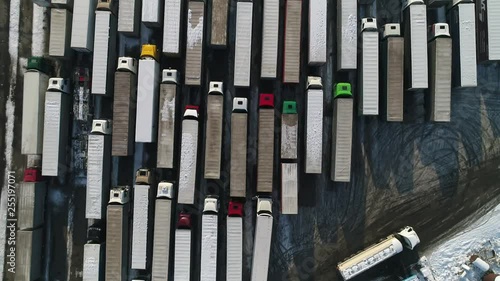 Aerial top down view: Big queue of trucks. Truck sump. HD
