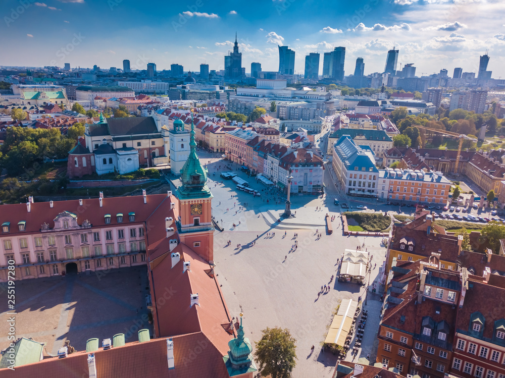 Aerial view of the old city in Warsaw. Beautiful European City. HDR - high dynamic range. - obrazy, fototapety, plakaty 