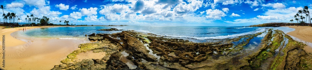 pano of beach with rocks and sand on left