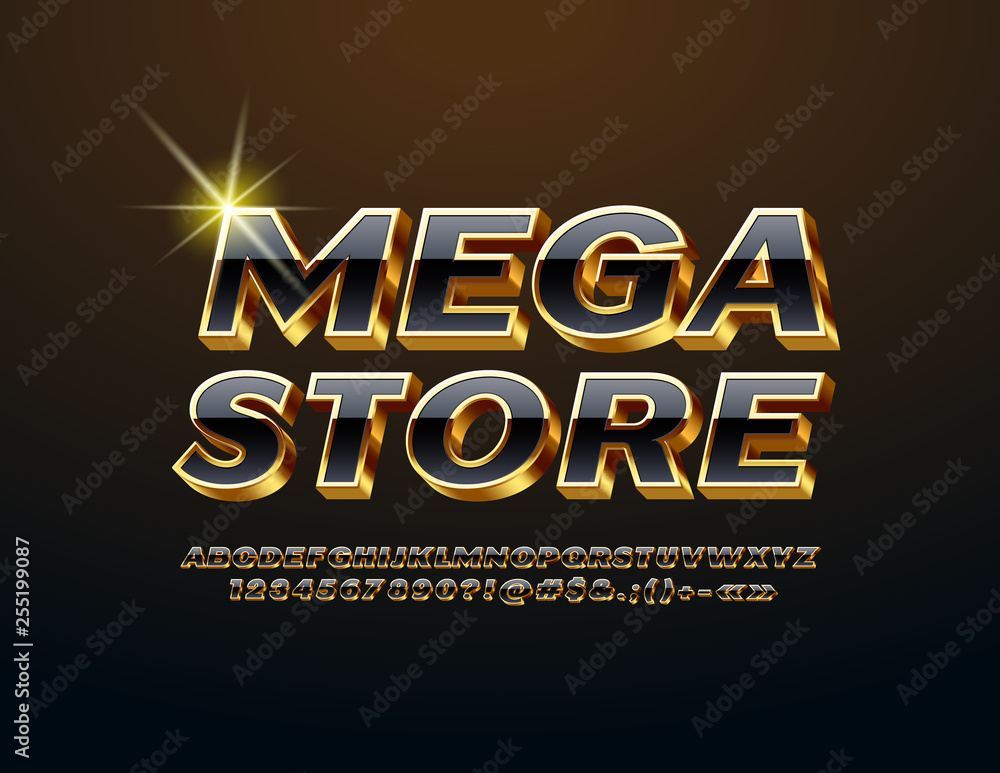 Vector chic emblem Mega Store. Luxury glossy Font. Stylish Alphabet Letters, Numbers and Symbols.