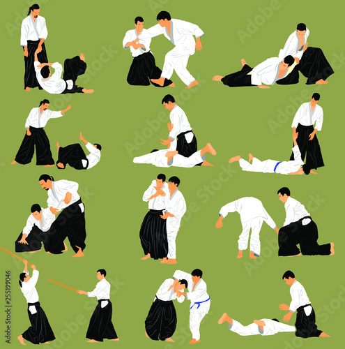 Fight between two aikido fighters vector illustration. Sparring on training action. Traditional self defense skills, martial art exercising concept. Aikido practice pose. Sparing duel demonstration. 