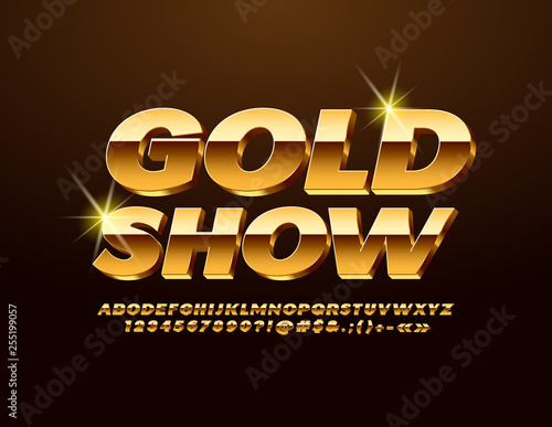 Vector chic Sign Gold Show. Stylish 3D Font. Luxury Alphabet Letters, Numbers and Symbols.