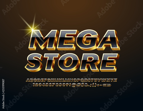 Vector chic emblem Mega Store. Luxury glossy Font. Stylish Alphabet Letters, Numbers and Symbols.