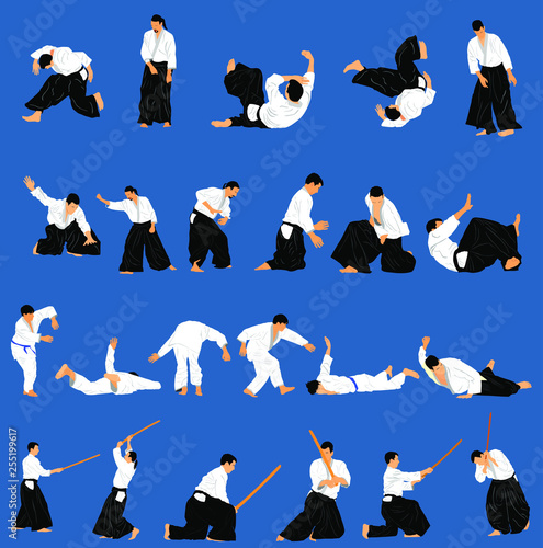 Fight between two aikido fighters vector illustration. Sparring on training action. Traditional self defense skills, martial art exercising concept. Aikido practice pose. Sparing duel demonstration. 