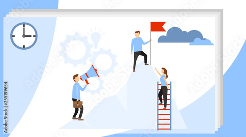 Business leader vector concept with businessman planting flag on top of mountain. Prepare a business project start up. Rise of the career to success.