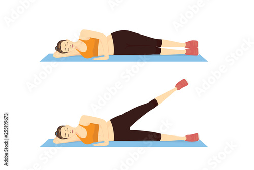 Woman doing Leg Raise Exercise in 2 step on blue mat. Illustration about introduction workout.