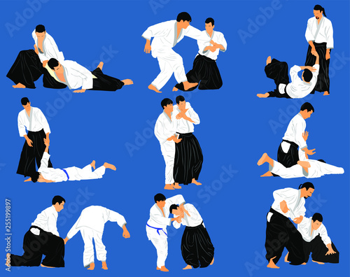 Fight between two aikido fighters vector illustration. Sparring on training action. Traditional self defense skills, martial art exercising concept. Aikido practice pose. Sparing duel demonstration. 