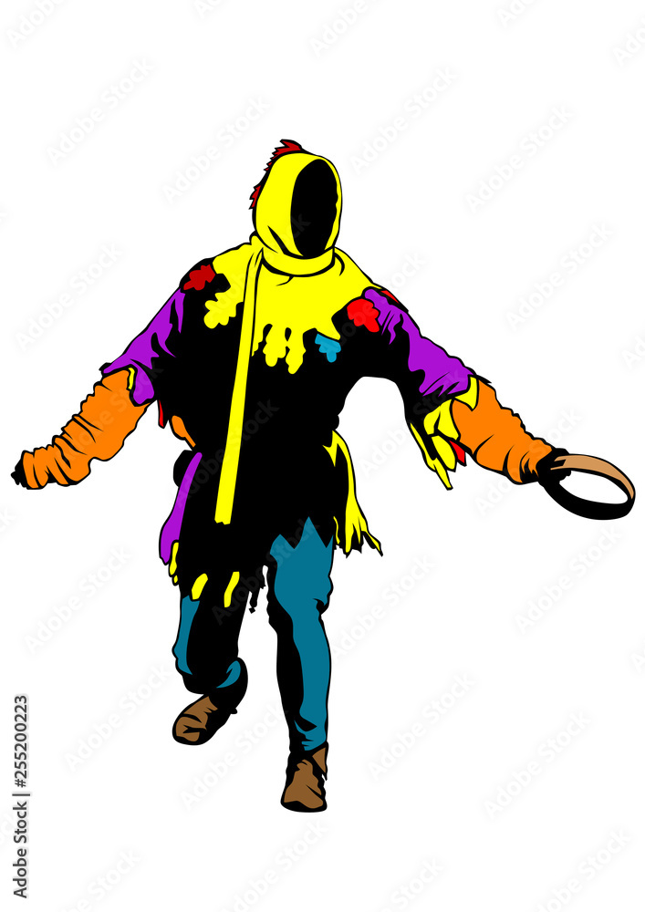 Clown in colorful clothes on a white background