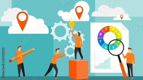 Business concept of vector illustration, little people links of mechanism. Flat mini persons concept with diagram analyze process.