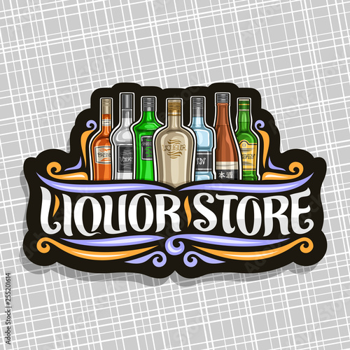 Vector logo for Liquor Store, black decorative sign board for department in hypermarket with 7 variety bottles of hard alcohol or distilled drinks, original brush lettering for words liquor store.