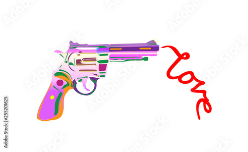 Love word hand drawn lettering and gun. Dry smoke loves modern calligraphy word. Text design for banner. Red text on light background. Graphic Printed quote. Make love, not war. Vector illustration