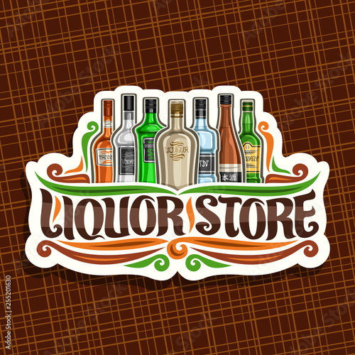 Vector logo for Liquor Store, white decorative sign board for department in hypermarket with 7 variety bottles of hard alcohol or distilled drinks, original brush lettering for words liquor store.