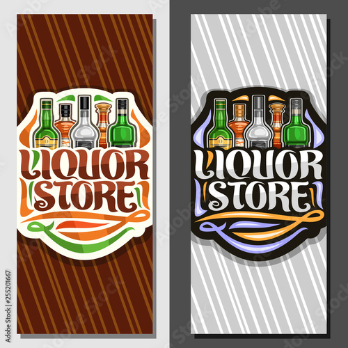 Vector banners for Liquor Store, leaflet template for department in hypermarket with 5 different bottles of hard alcohol or distilled drinks, lettering for words liquor store on abstract background.