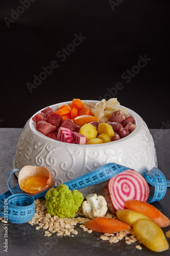 Bowl of barf food mix against black background