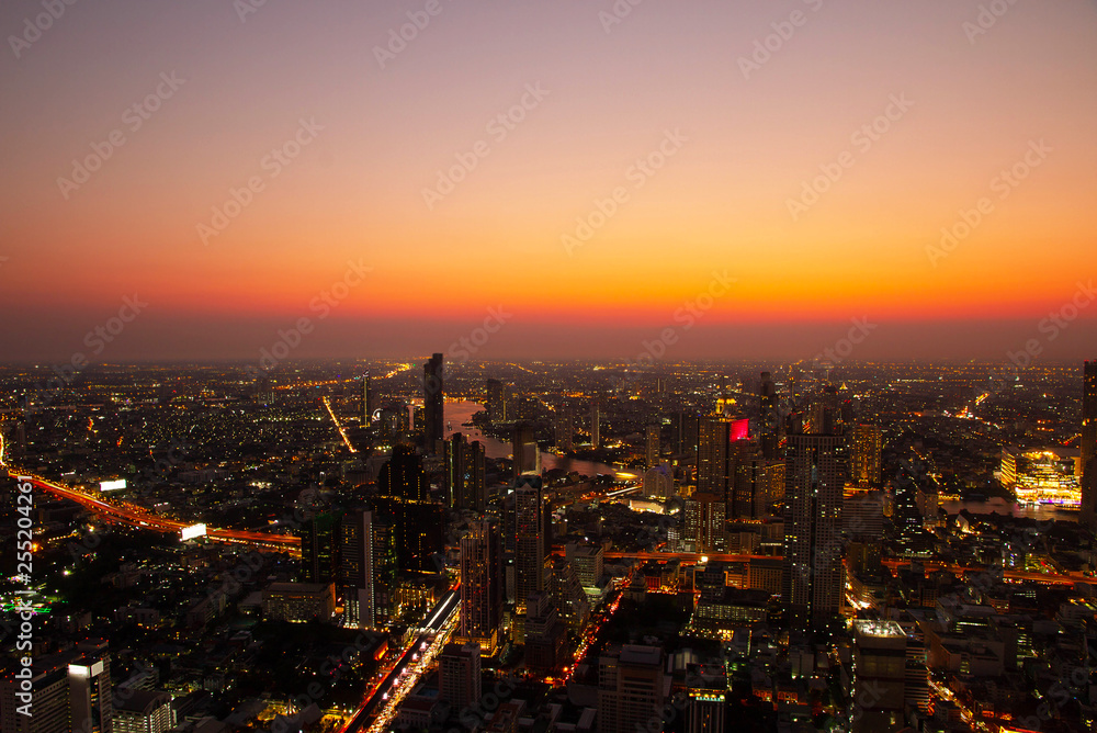 Aerial view Cityscape Bangkok skyline with sunset in Thailand