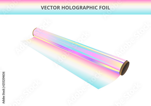 Vector illustration of open roll of plastic holographic iridescent foil. Decorative, wrapping or adhesive foil, hot stamping foil or different foil. Icon is isolated on a white background.