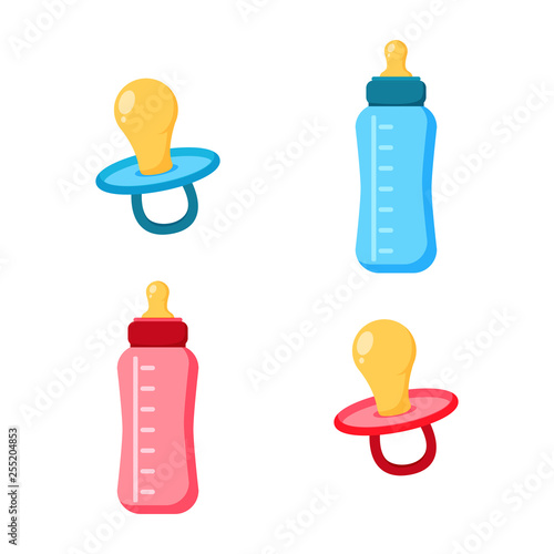 Pacifier icons set. Flat vector illustration, collection of children s pacifiers and bottles.