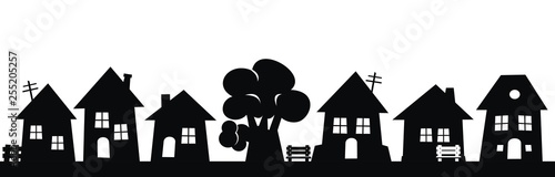 City, group of houses and tree, black vector icon