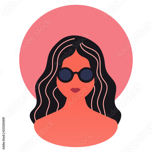 Portrait of young woman with round hat and sunglasses vector icon illustration