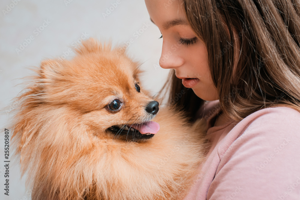 Teenage girl with a dog breed Spitz rejoices with a pet at home on the floor. Teenage girl with a dog breed Spitz rejoices with a pet at home on the floor.