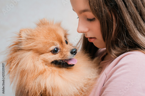 Teenage girl with a dog breed Spitz rejoices with a pet at home on the floor. © shangarey