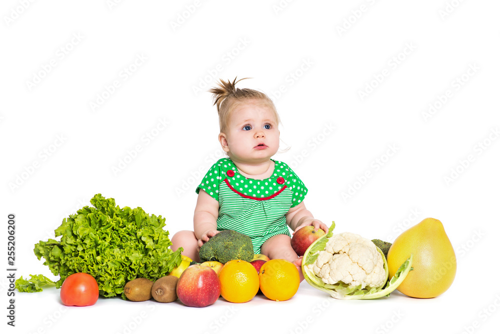 Baby girl sitting surrounded by fruits and vegetables, isolated on white Baby girl sitting surrounded by fruits and vegetables, isolated on white