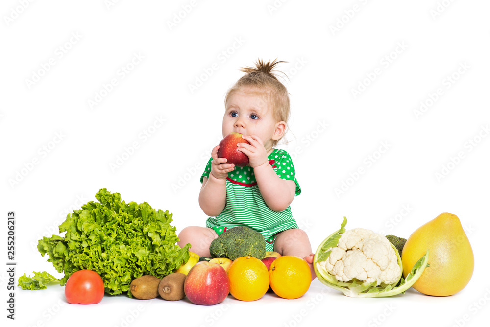 Baby girl sitting surrounded by fruits and vegetables, isolated on white Baby girl sitting surrounded by fruits and vegetables, isolated on white