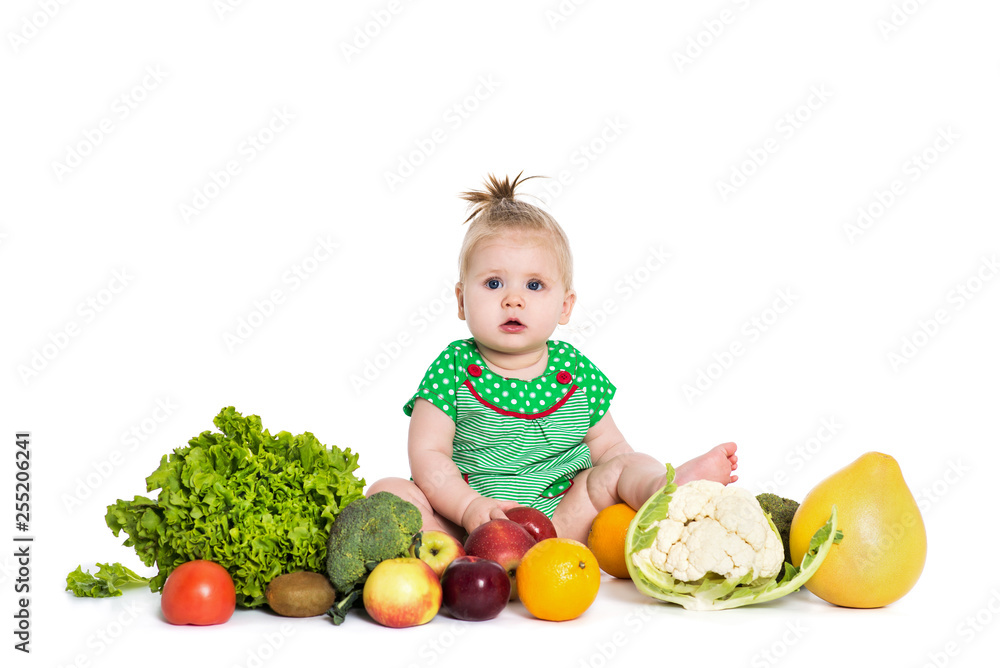 Baby girl sitting surrounded by fruits and vegetables, isolated on white Baby girl sitting surrounded by fruits and vegetables, isolated on white