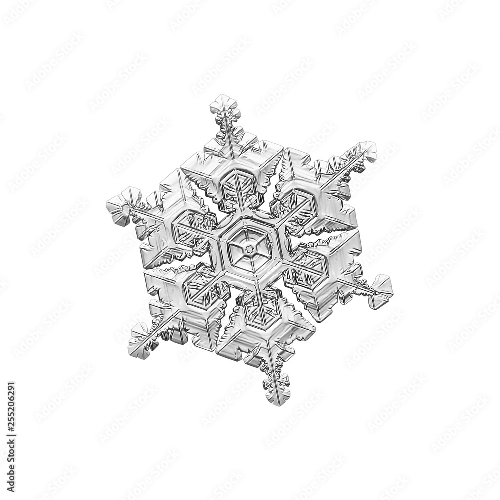 Snowflake isolated on white background. Macro photo of real snow crystal: elegant star plate with hexagonal symmetry, glossy relief surface, massive central hexagon and short, ornate arms.
