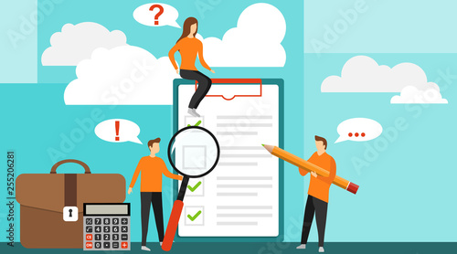 Concept with quality test and satisfaction report. Positive business man with a giant pencil on his shoulder nearby marked checklist on a clipboard paper.