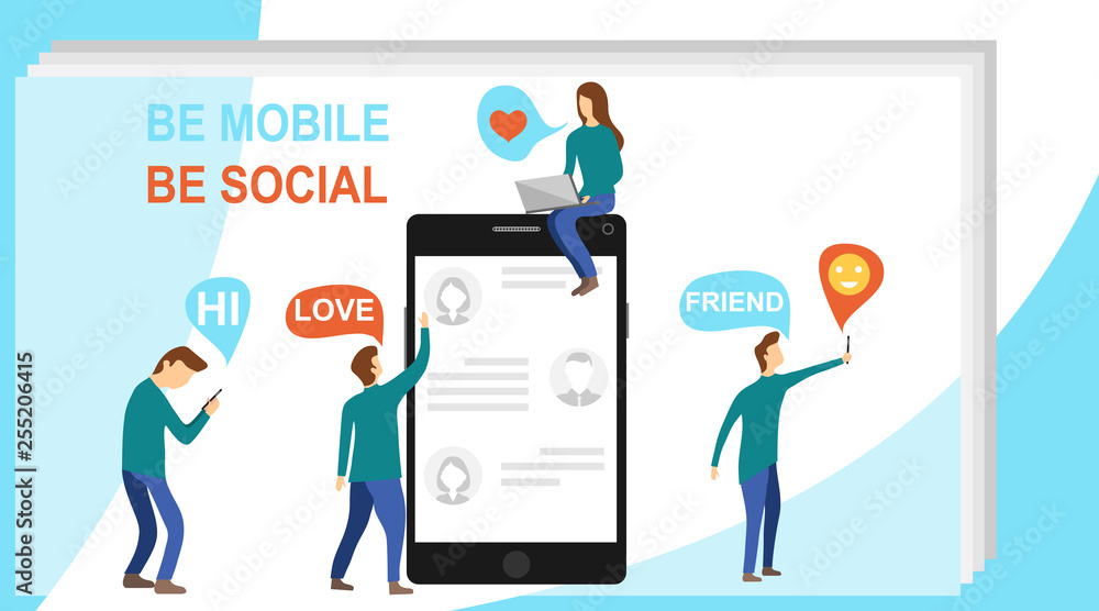 Social Media Communication Technology Characters Landing Page Template. Man chatting with woman on the Internet on abstract background Social Media Communication Technology Characters Landing Page Template. Man chatting with woman on the Internet on abstract background